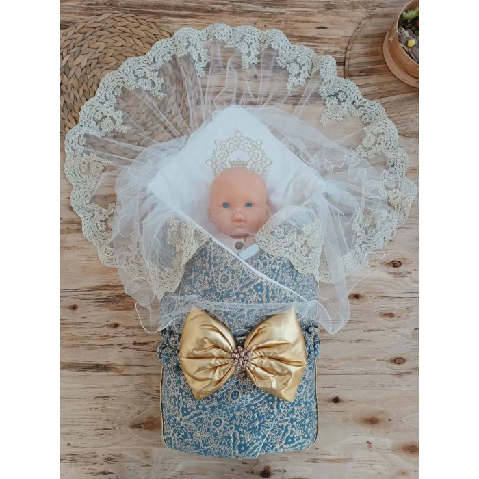 Eterelle Yenidoğan Kabartma Desenli Gold Fiyonklu Güpürlü Bebek Battaniyesi Kundak Gold