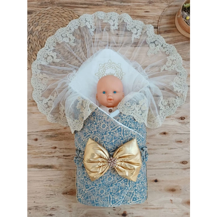 Eterelle Yenidoğan Kabartma Desenli Gold Fiyonklu Güpürlü Bebek Battaniyesi Kundak Gold