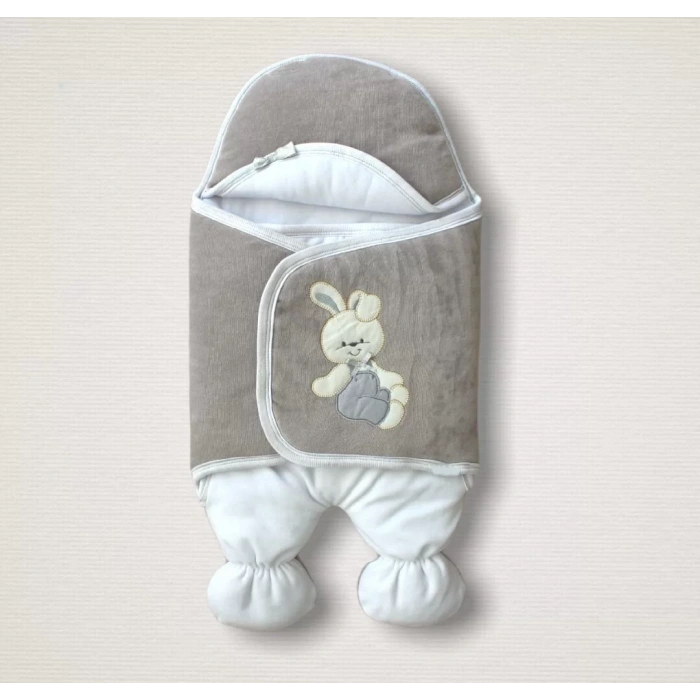 Eterelle Yenidoğan Kadife Kumaş Ayıcık Nakışlı Şapkalı Kız Erkek Bebek Ayaklı Kundak Bebek Battaniyesi Kahverengi