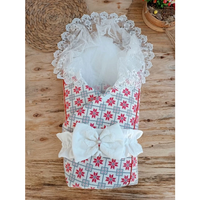 Eterelle Yenidoğan Kar Tanesi Desenli Dantelli Duvaklı Bebek Battaniyesi Kundak Ekru