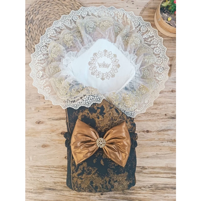 Eterelle Yenidoğan Kendinden Desenli Krom Fiyonklu Bebek Battaniyesi Kundak Bakır