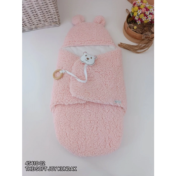 Eterelle Yenidoğan Kulaklı Şapkalı Açılır Kucaklı Cırt Kapamalı Bebek Battaniyesi Kundak Pembe