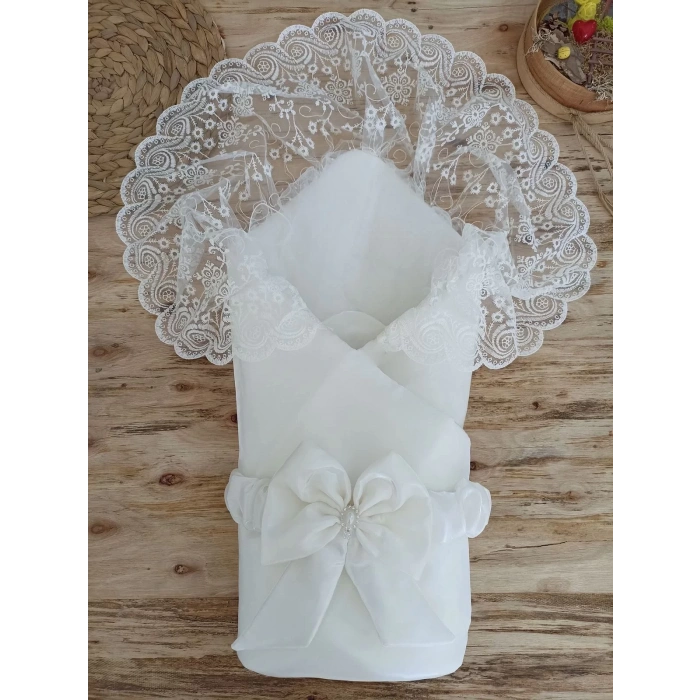Eterelle Yenidoğan Kumru İnci Fiyonk Kristal Parlak Duvaklı Kundak Bebek Battaniyesi Ekru