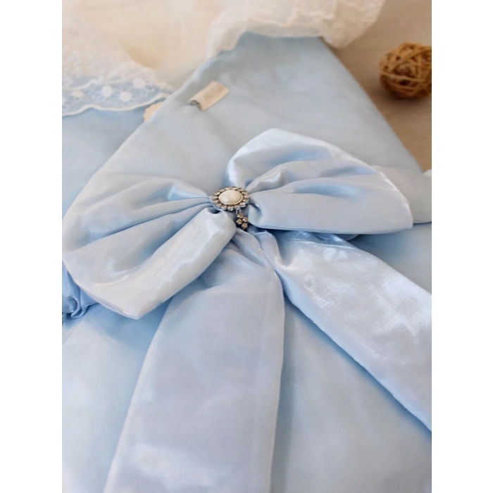 Eterelle Yenidoğan Kumru İnci Fiyonk Kristal Parlak Duvaklı Kundak Bebek Battaniyesi Mavi