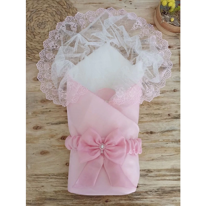 Eterelle Yenidoğan Kumru İnci Fiyonk Kristal Parlak Duvaklı Kundak Bebek Battaniyesi Pembe
