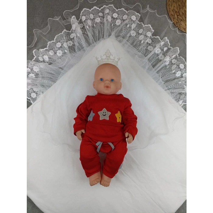 Eterelle Yenidoğan Kumru Soft Cotton Taç Nakışlı Trilüks Kundak Bebek Battaniyesi Ekru