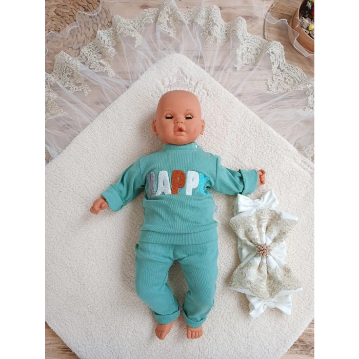 Eterelle Yenidoğan Kuzulu Taç Nakış Güpürlü Fiyonklu Duvaklı Prizma Taş Unisex Kundak Bebek Battaniyesi Bej