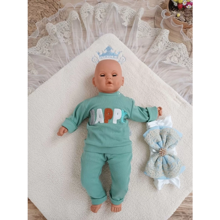 Eterelle Yenidoğan Kuzulu Taç Nakış Güpürlü Fiyonklu Duvaklı Prizma Taş Unisex Kundak Bebek Battaniyesi Mavi