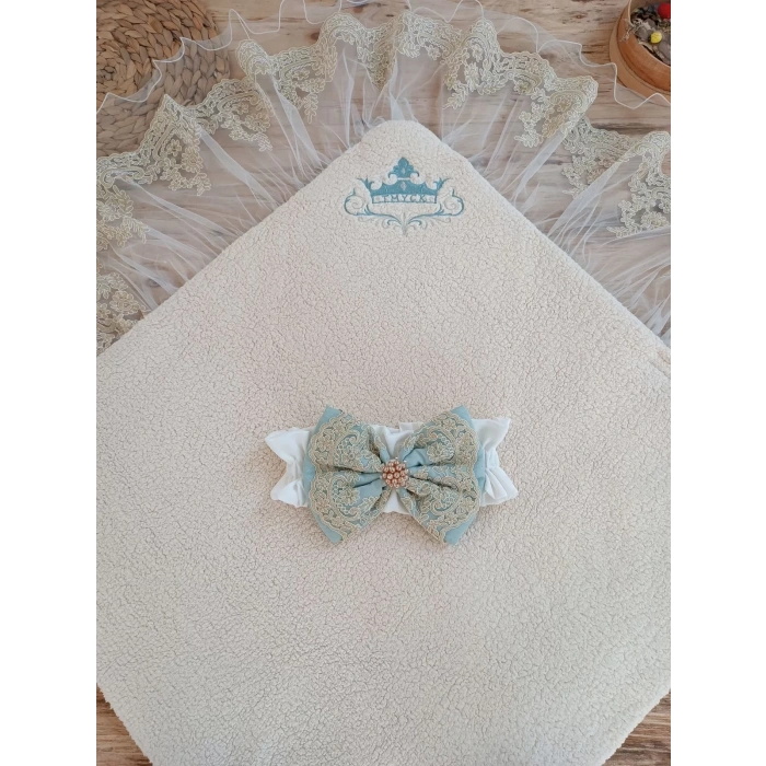 Eterelle Yenidoğan Kuzulu Taç Nakış Güpürlü Fiyonklu Duvaklı Prizma Taş Unisex Kundak Bebek Battaniyesi Su Yeşili