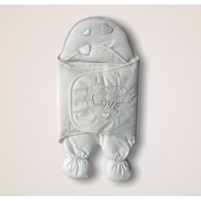 Eterelle Yenidoğan Lüks Üç Kalp Love Nakışlı Kız Bebek Ayaklı Kundak Bebek Battaniyesi Ekru