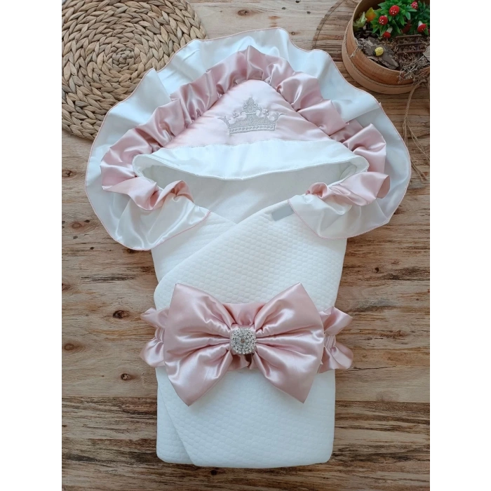 Eterelle Yenidoğan Mehtap Lüks Kelebek Taç Nakışlı Bebek Battaniyesi Kundak Gül Kurusu