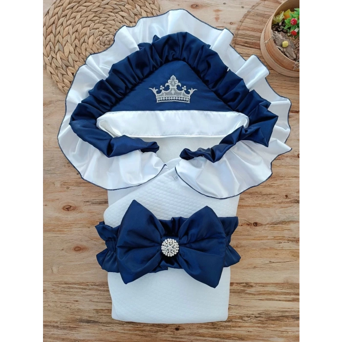 Eterelle Yenidoğan Mehtap Lüks Kelebek Taç Nakışlı Bebek Battaniyesi Kundak Lacivert