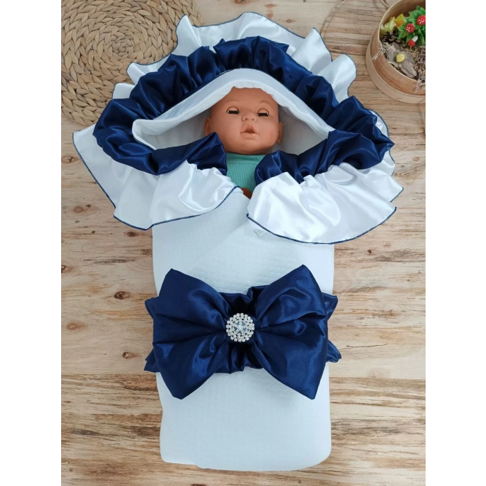 Eterelle Yenidoğan Mehtap Lüks Kelebek Taç Nakışlı Bebek Battaniyesi Kundak Lacivert