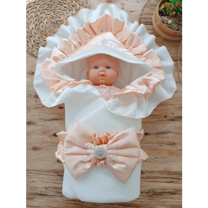 Eterelle Yenidoğan Mehtap Lüks Kelebek Taç Nakışlı Bebek Battaniyesi Kundak Pudra