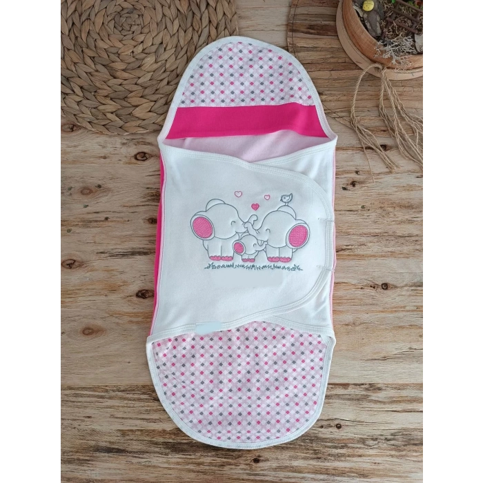 Eterelle Yenidoğan Mutlu Fil Ailesi Nakışlı Çıt Çıt Kapamalı Bebek Kundak Fuşya