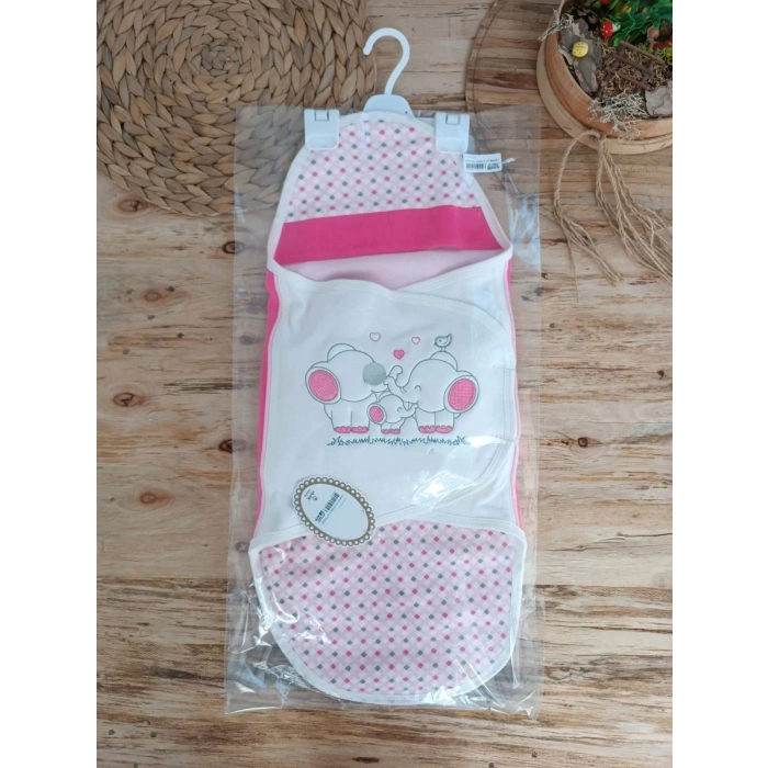 Eterelle Yenidoğan Mutlu Fil Ailesi Nakışlı Çıt Çıt Kapamalı Bebek Kundak Fuşya