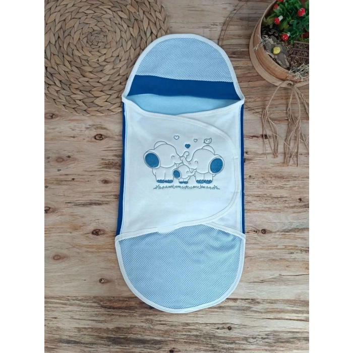 Eterelle Yenidoğan Mutlu Fil Ailesi Nakışlı Çıt Çıt Kapamalı Bebek Kundak Lacivert