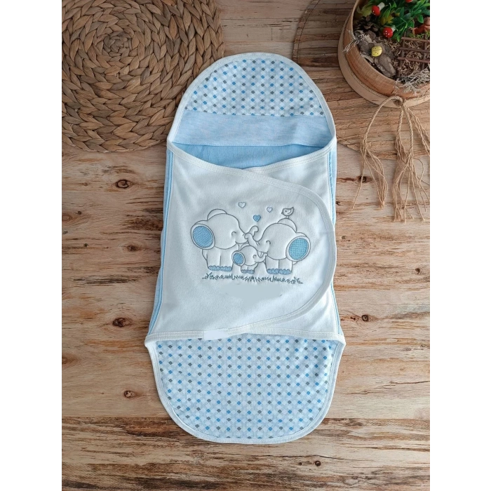 Eterelle Yenidoğan Mutlu Fil Ailesi Nakışlı Çıt Çıt Kapamalı Bebek Kundak Mavi