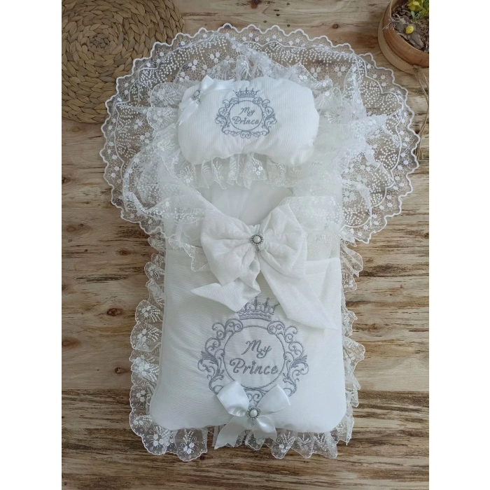 Eterelle Yenidoğan Nil Taç Nakışlı Hayal Güpürlü Trilüks Kundak Bebek Battaniyesi 3lü Alt Açma Seti Gri