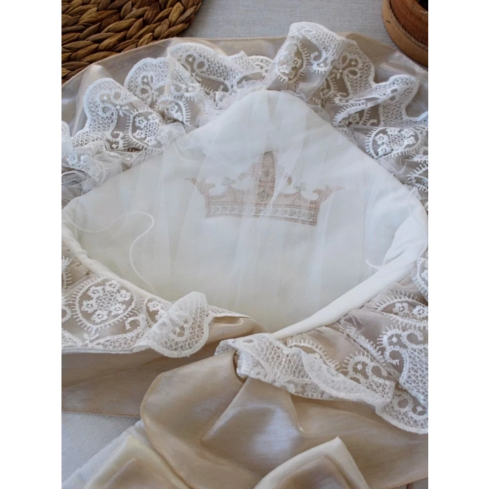 Eterelle Yenidoğan Nil Taç Nakışlı Kumru Kundak Bebek Battaniyesi Sütlü Kahve