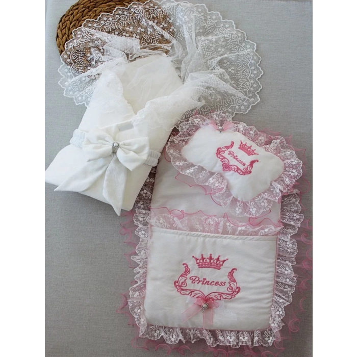 Eterelle Yenidoğan Nil Taç Nakışlı Kundaklı Trilüks 3lü Alt Açma Seti Fuşya