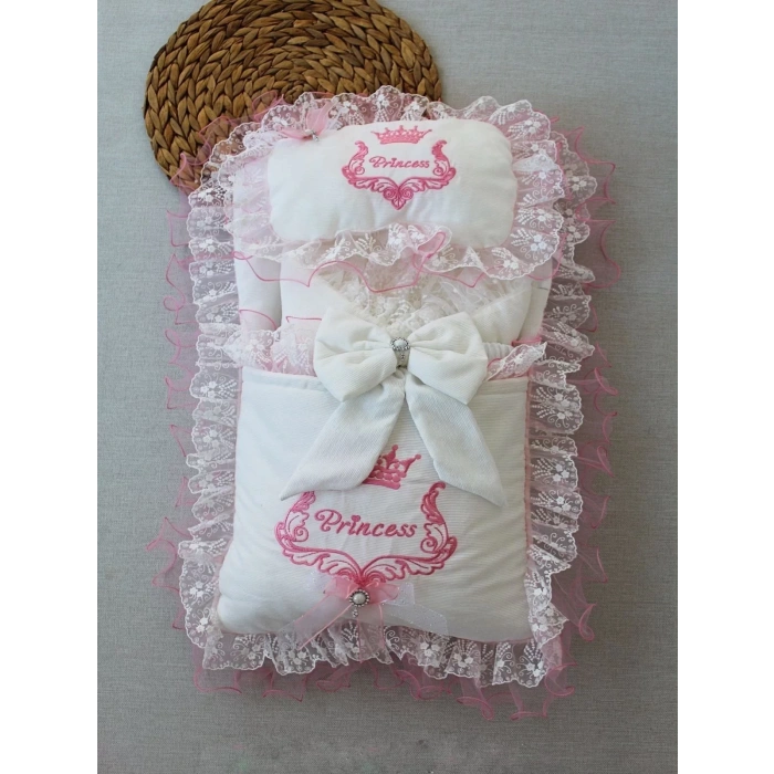 Eterelle Yenidoğan Nil Taç Nakışlı Kundaklı Trilüks 3lü Alt Açma Seti Fuşya