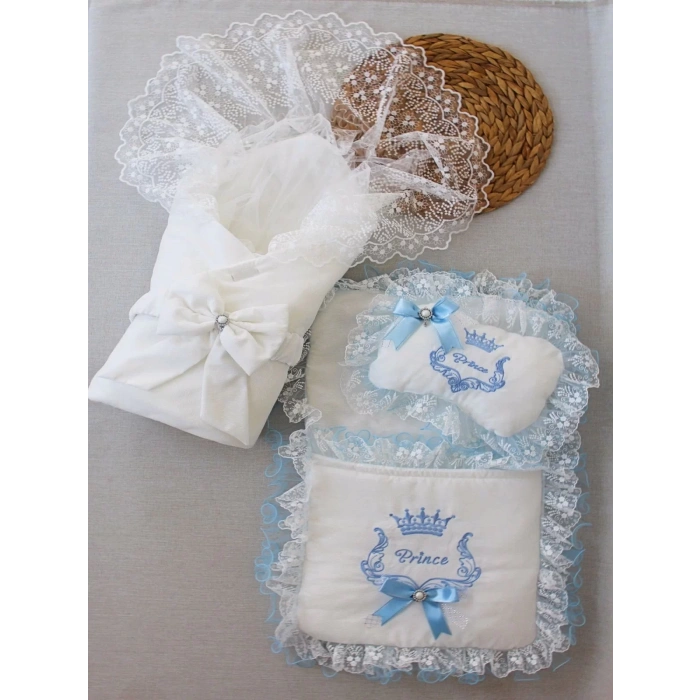 Eterelle Yenidoğan Nil Taç Nakışlı Kundaklı Trilüks 3lü Alt Açma Seti Mavi