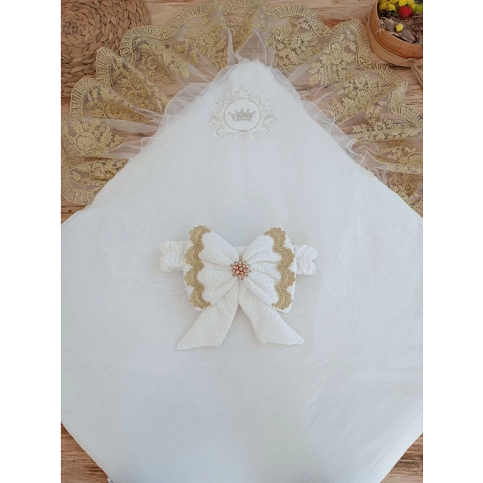 Eterelle Yenidoğan Pamuk Taç Benim Prensesim Nakışlı Trilüks Kundak Bebek Battaniyesi Ekru