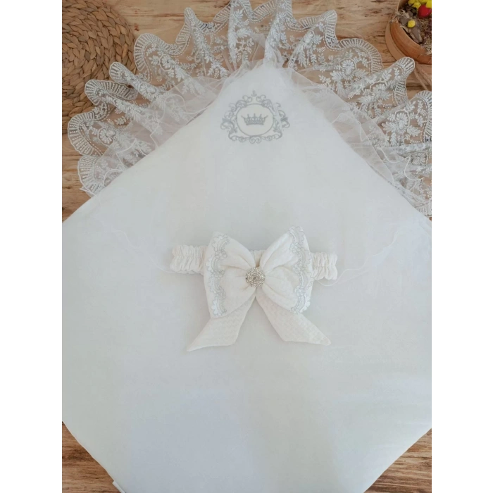 Eterelle Yenidoğan Pamuk Taç Benim Prensim Nakışlı Trilüks Kundak Bebek Battaniyesi Ekru