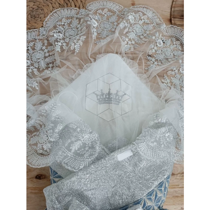 Eterelle Yenidoğan Piramit Desenli Güpür İşlemeli Bebek Battaniyesi Kundak Gümüş