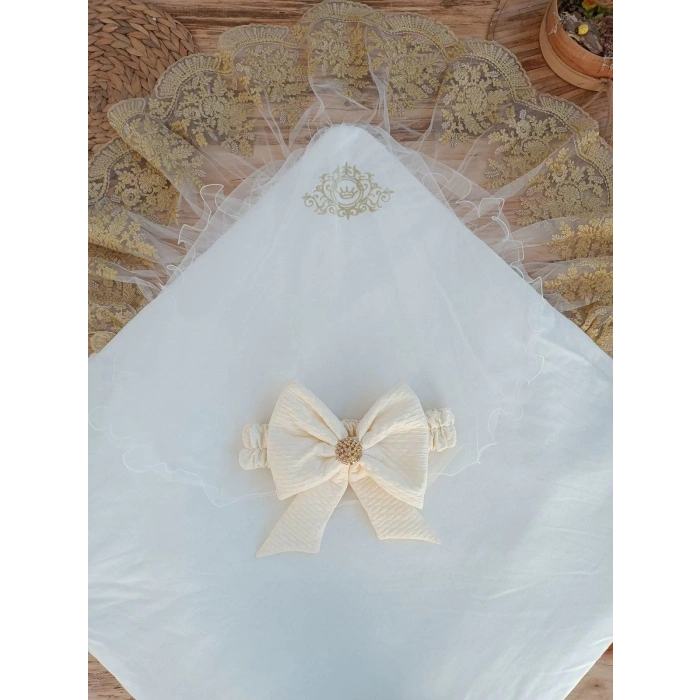 Eterelle Yenidoğan Piramitland Taşlı Gold Güpür İşleme Bebek Battaniyesi Kundak Ekru