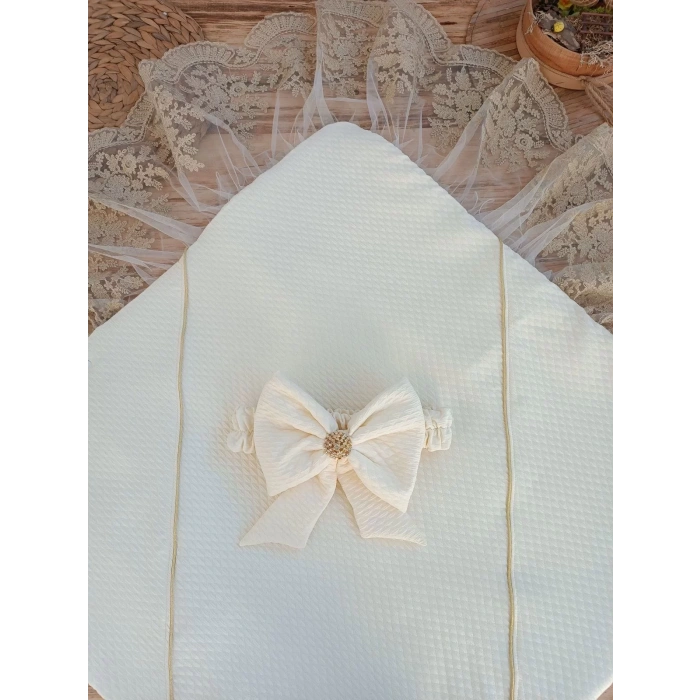 Eterelle Yenidoğan Piramitland Taşlı Gold Güpür İşleme Bebek Battaniyesi Kundak Ekru
