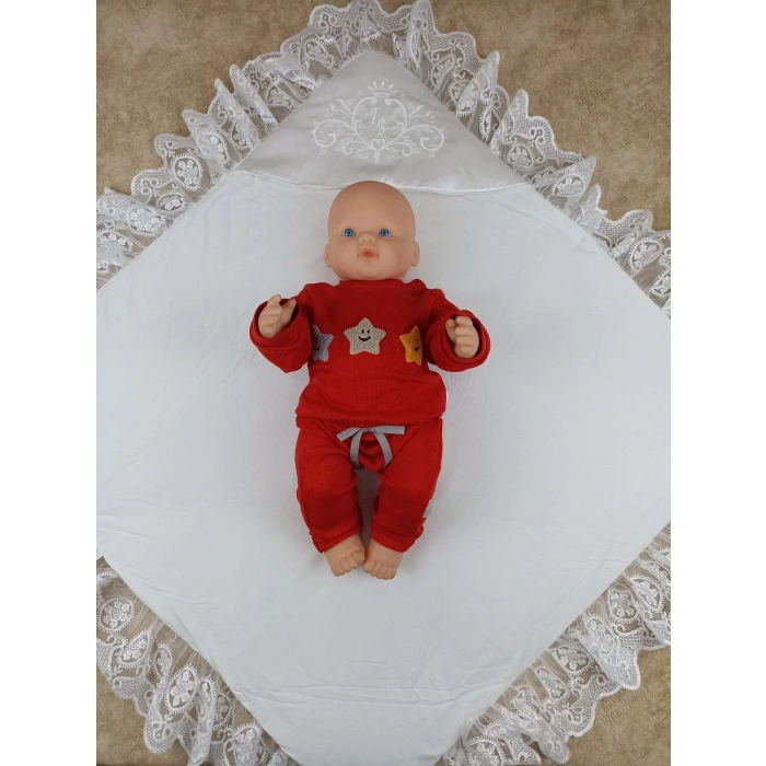 Eterelle Yenidoğan Pırıltı Nakış Detaylı Lüks Kundak Bebek Battaniyesi Ekru