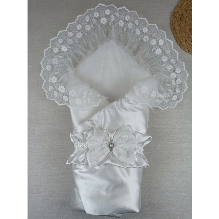 Eterelle Yenidoğan Pırıltı Taç Nakışlı Trilüks Kundak Bebek Battaniyesi Ekru