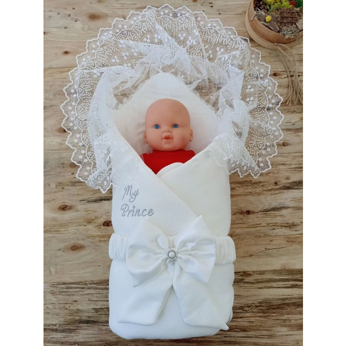 Eterelle Yenidoğan Sahra My Prince Nakışlı Lüks Kundak Bebek Battaniyesi Ekru