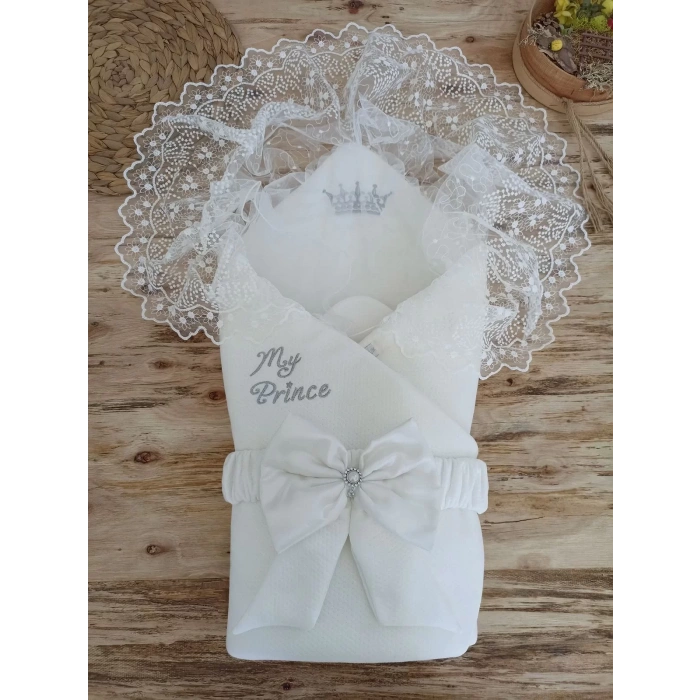 Eterelle Yenidoğan Sahra Taç Benim Prensim Nakışlı Kundak Bebek Battaniyesi Ekru
