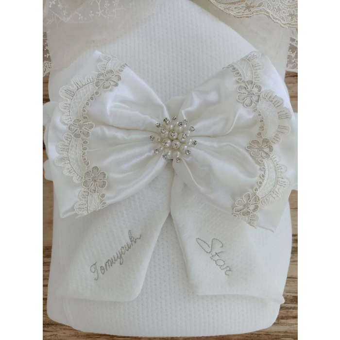 Eterelle Yenidoğan Sahra Taç Nakışlı Plazma Taşlı Güpürlü Fiyonklu Duvaklı Trilüks Kundak Bebek Battaniyesi Ekru