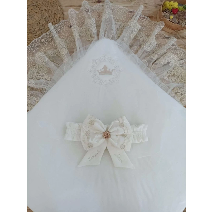 Eterelle Yenidoğan Sahra Taç Nakışlı Plazma Taşlı Güpürlü Fiyonklu Duvaklı Trilüks Kundak Bebek Battaniyesi Sütlü Kahve