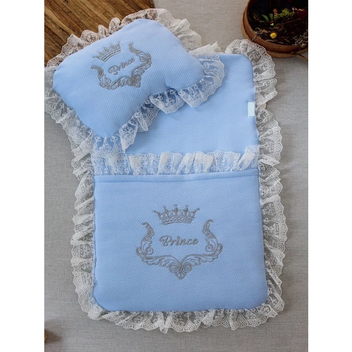 Eterelle Yenidoğan Sahra Taç Nakışlı Trilüks 2li Alt Açma Seti Mavi