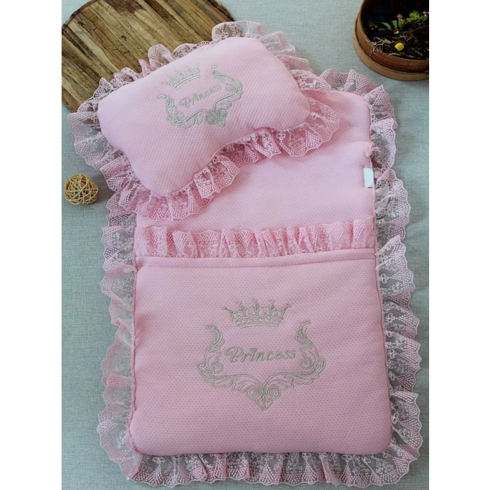 Eterelle Yenidoğan Sahra Taç Nakışlı Trilüks 2li Alt Açma Seti Pembe