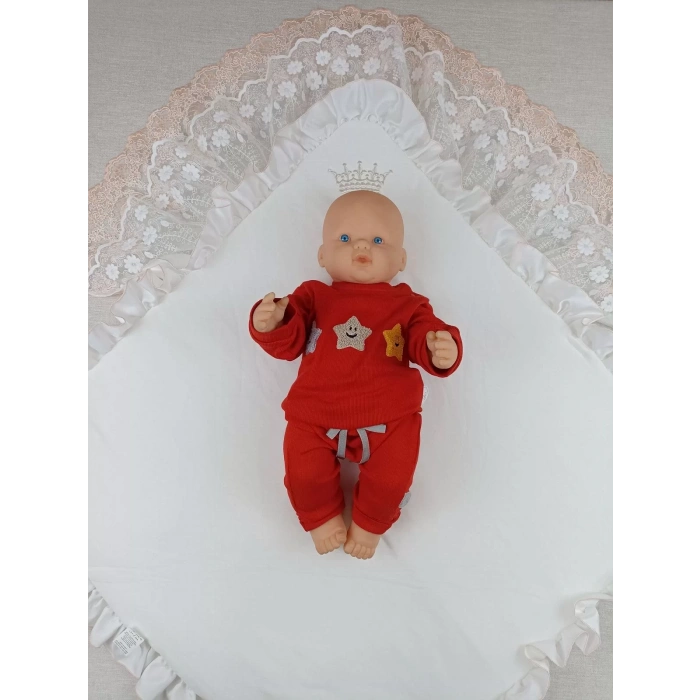 Eterelle Yenidoğan Sahra Taç Nakışlı Trilüks Kundak Bebek Battaniyesi Ekru