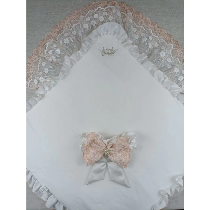 Eterelle Yenidoğan Sahra Taç Nakışlı Trilüks Kundak Bebek Battaniyesi Ekru