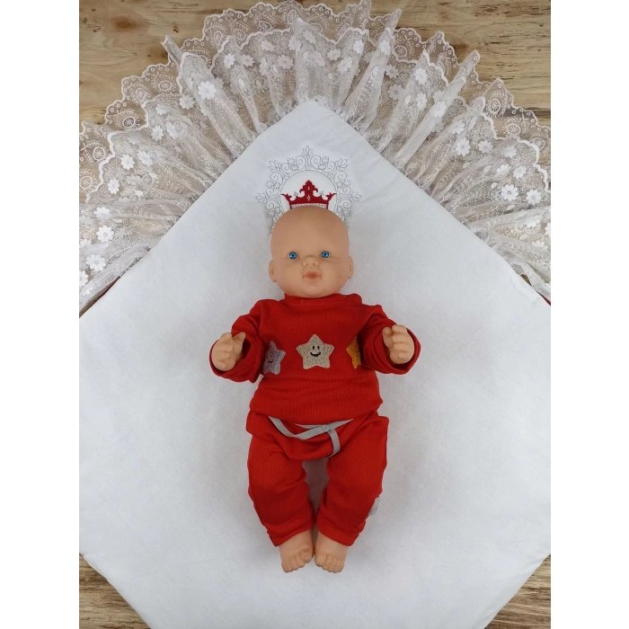 Eterelle Yenidoğan Saray Kadife Taç Nakışlı İnci Fiyonklu Çift Dantel Duvak Trilüks Kundak Bebek Battaniyesi Bordo