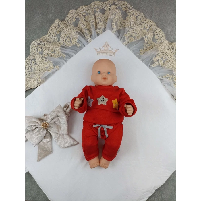 Eterelle Yenidoğan Saray Kadife Taç Nakışlı İnci Fiyonklu Çift Dantel Duvak Trilüks Kundak Bebek Battaniyesi Vizon-gold