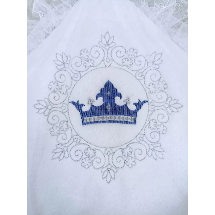 Eterelle Yenidoğan Saray Kadife Taç Nakışlı İnci Fiyonklu Çift Dantel Duvak Trilüks Kundak Bebek Battaniyesi Lacivert