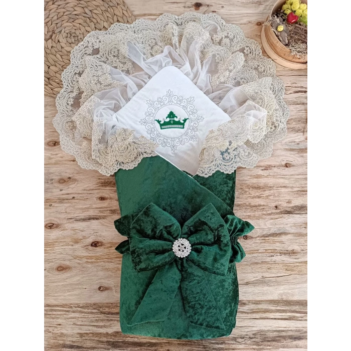 Eterelle Yenidoğan Saray Kadife Taç Nakışlı İnci Fiyonklu Çift Dantel Duvak Trilüks Kundak Bebek Battaniyesi Yeşil