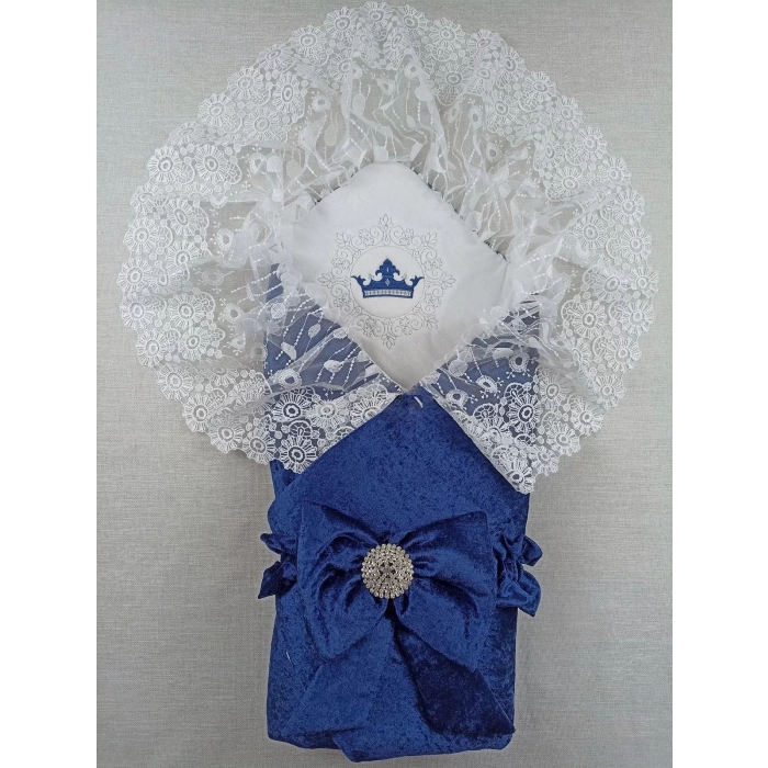 Eterelle Yenidoğan Saray Kadife Taç Nakışlı İnci Fiyonklu Dantel Duvak Trilüks Kundak Bebek Battaniye Lacivert