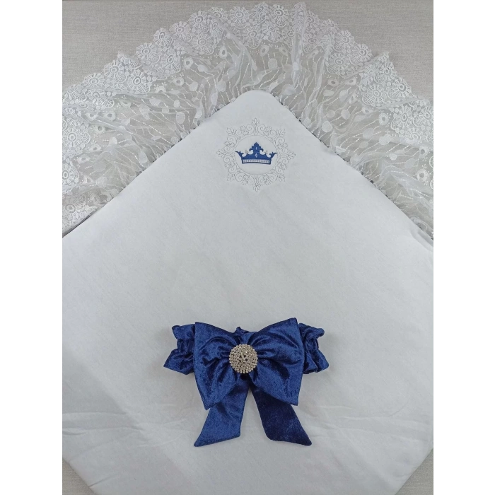 Eterelle Yenidoğan Saray Kadife Taç Nakışlı İnci Fiyonklu Dantel Duvak Trilüks Kundak Bebek Battaniye Lacivert