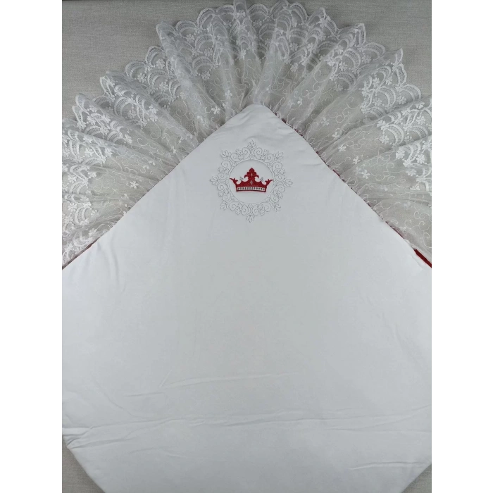 Eterelle Yenidoğan Saray Kadife Taç Nakışlı İnci Fiyonklu Dantel Duvak Trilüks Kundak Bebek Battaniye Bordo