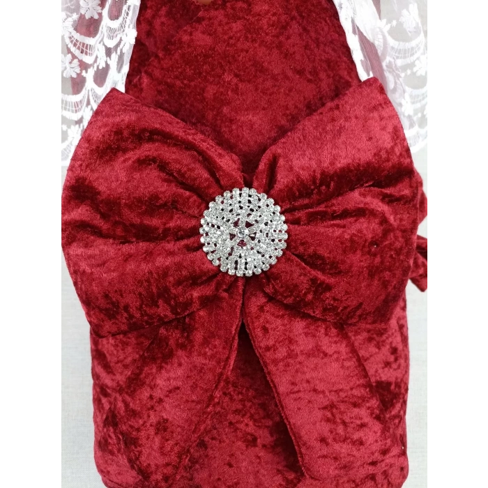 Eterelle Yenidoğan Saray Kadife Taç Nakışlı İnci Fiyonklu Dantel Duvak Trilüks Kundak Bebek Battaniye Bordo